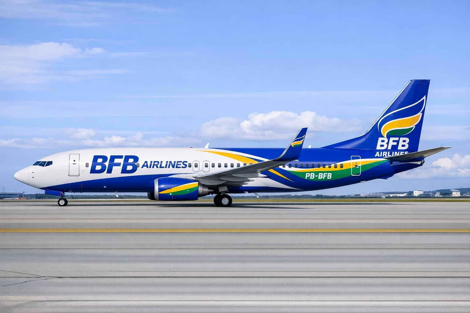 Boeing 737 da BFB Airlines no pátio do aeroporto
