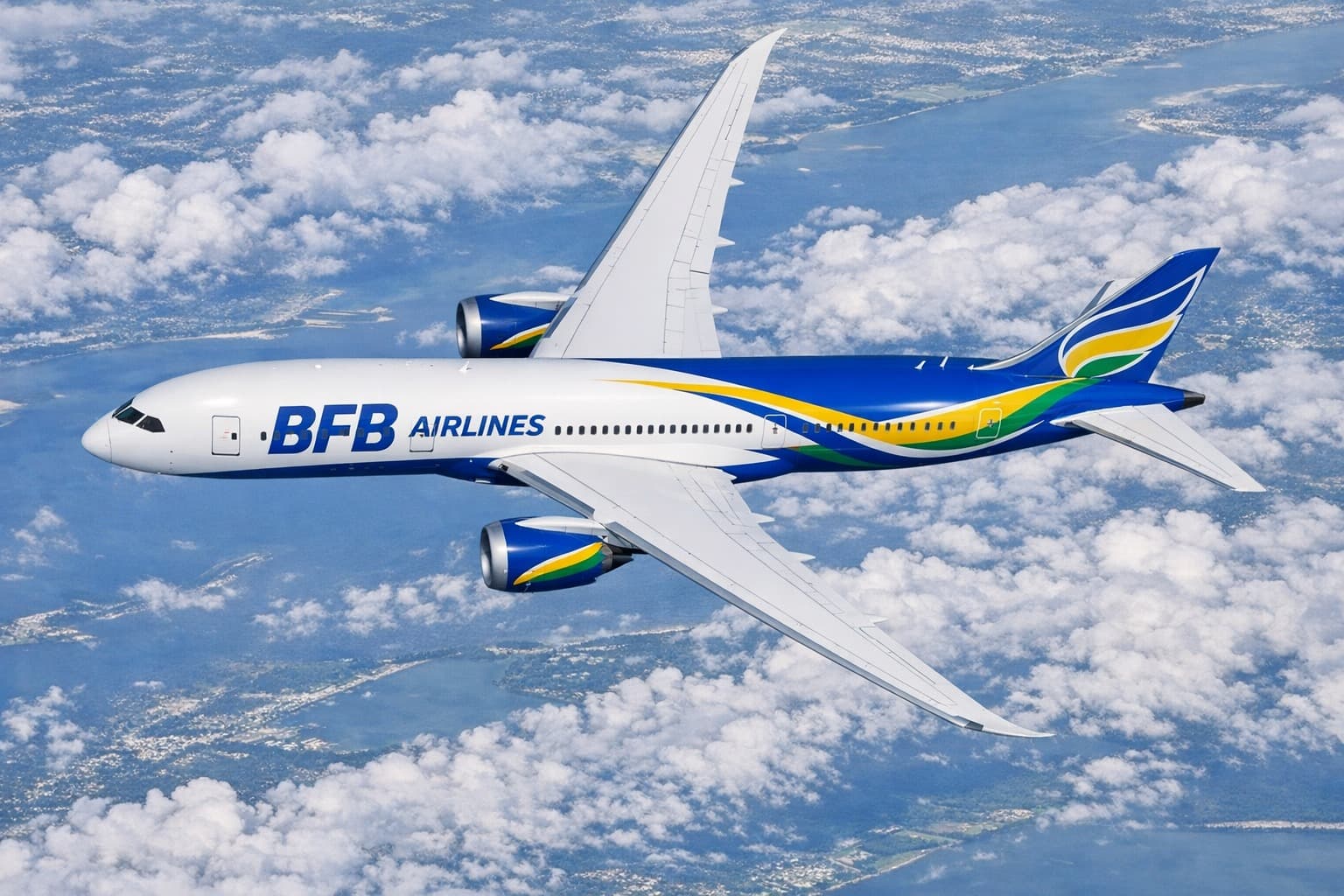 Boeing 737 da BFB Airlines em voo sobre as nuvens